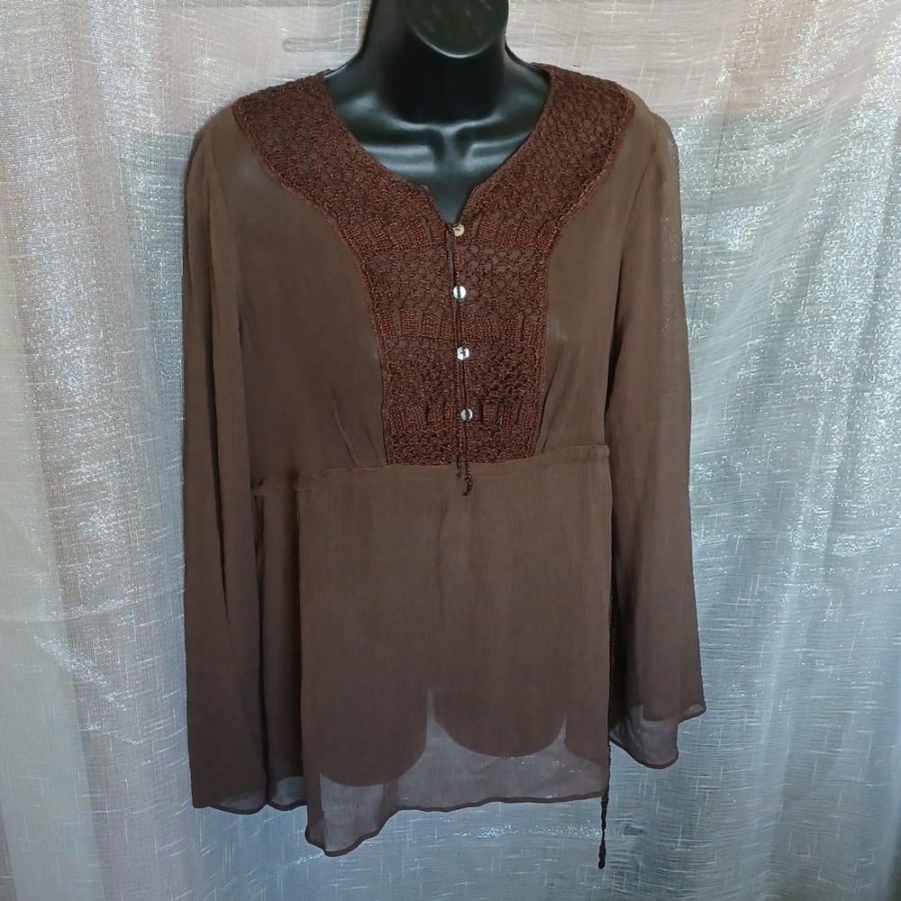 MIMI MATERNITY 100% SILK Ruffles Sheer Blouse, brown, bell sleeves